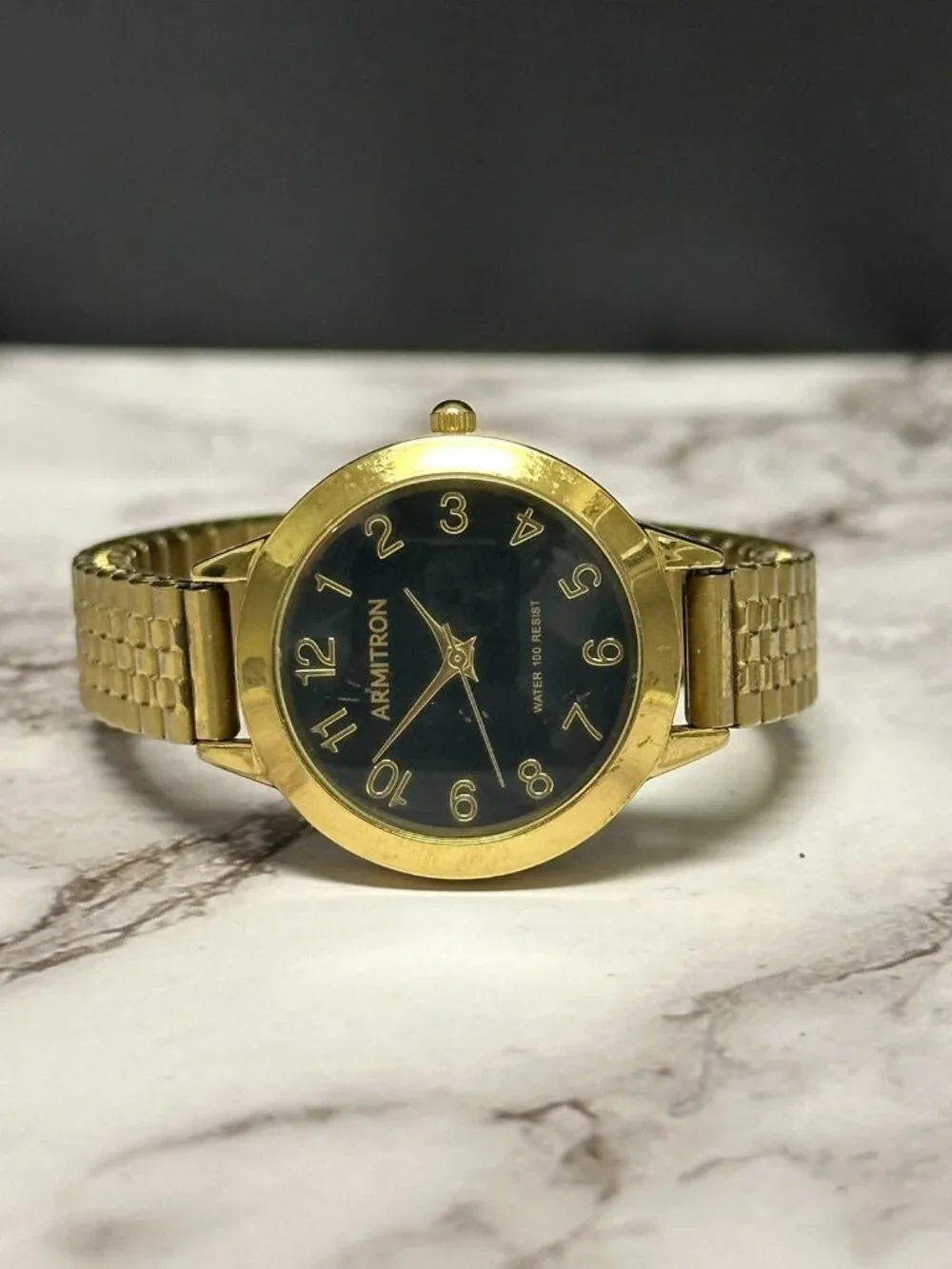 Armitron Watch Women Gold Tone Black Dial Stretch Band New Battery 6.75 Inch